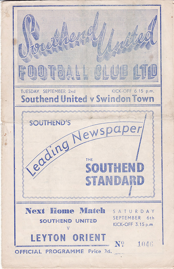<b>Tuesday, September 2, 1952</b><br />vs. Southend United (Away)